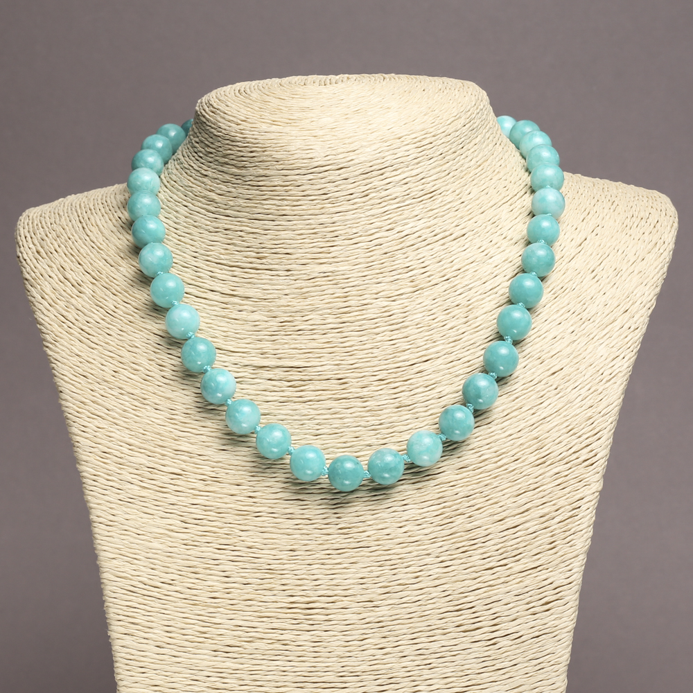 Aquamarine natural gemstone necklace with smooth beads, diameter 10mm+-, length 45cm+-