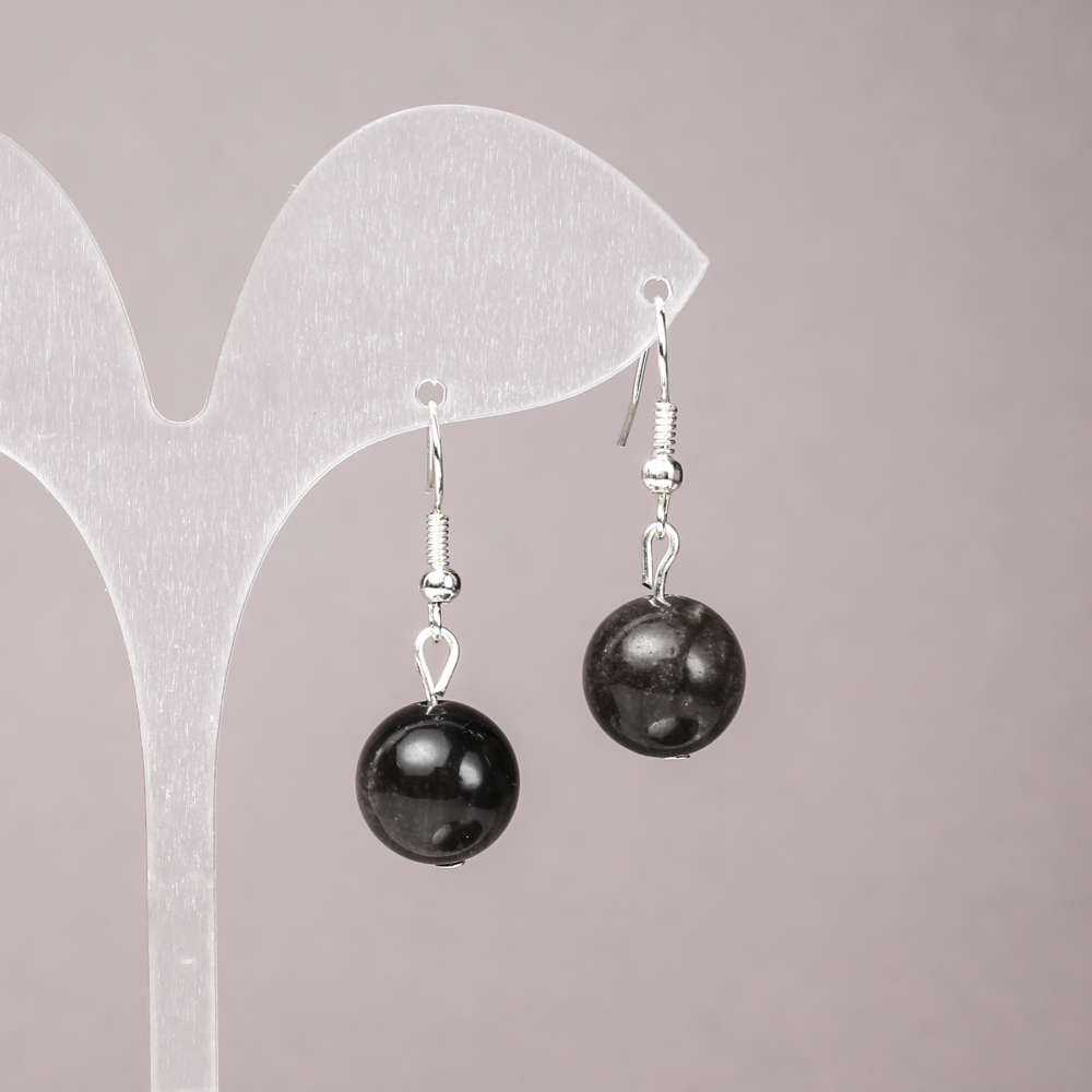 Earrings in Silvery Obsidian, smooth ball, 12 mm diameter, 33 mm length