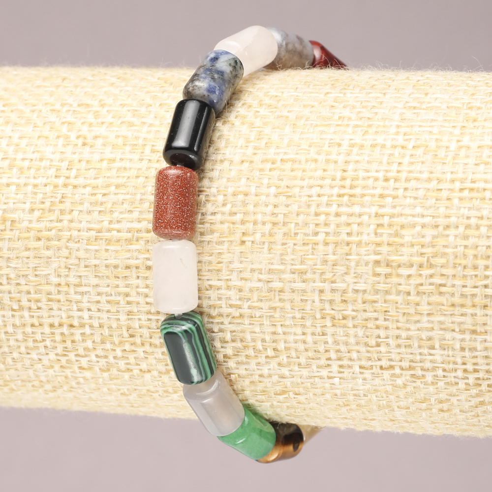 Elastic bracelet with natural stones — Assorted smooth cylinders, diameter 10×6 mm+