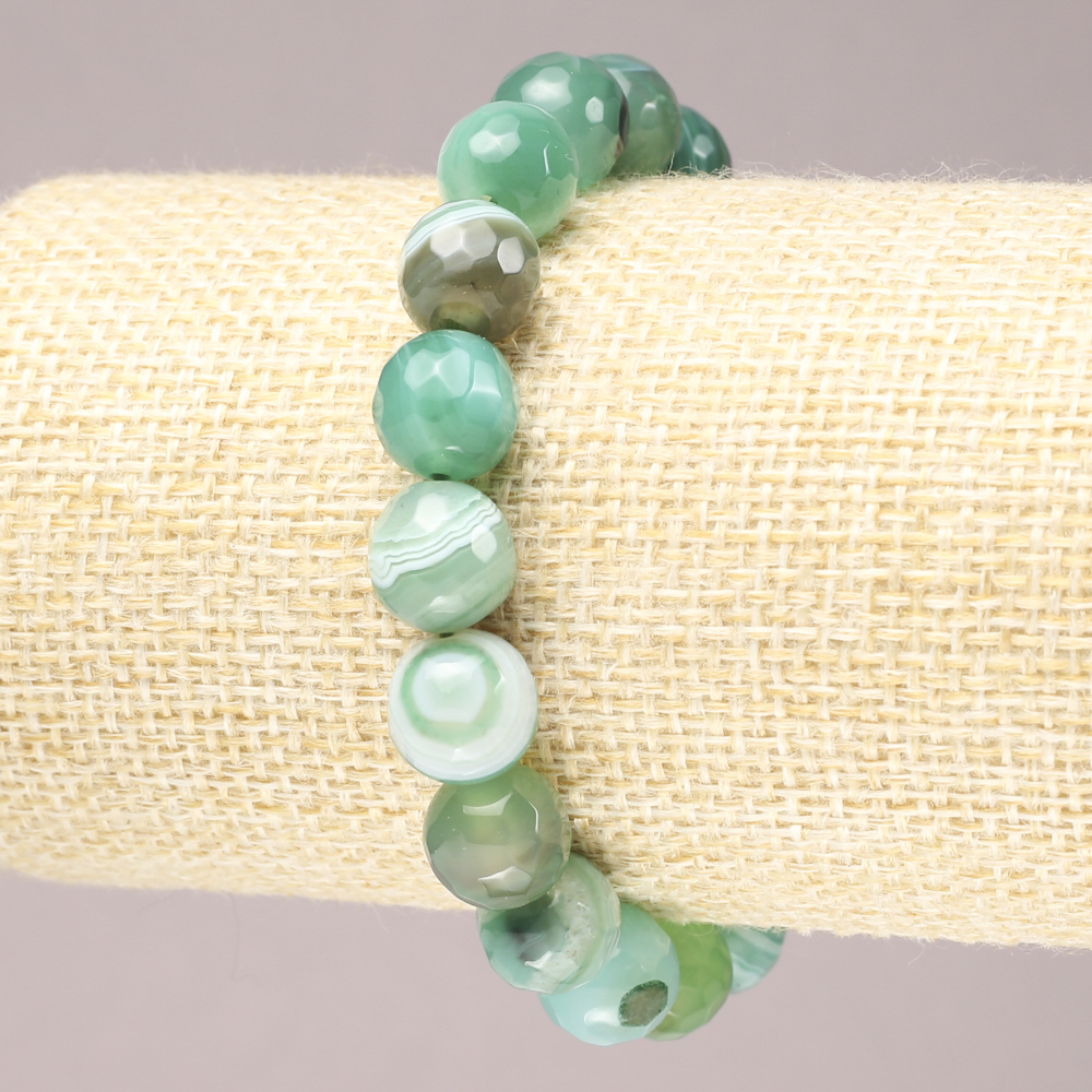 Elastic Bracelet with Green Agate Faceted Beads, 10 mm diameter