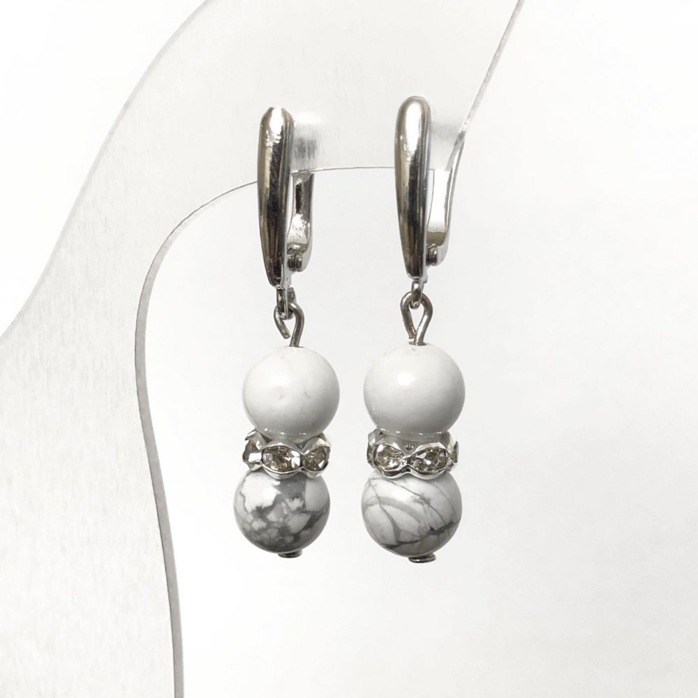 Earrings with natural howlite stone, smooth ball, 8 mm diameter ±, with white crystals, 40 mm length ±