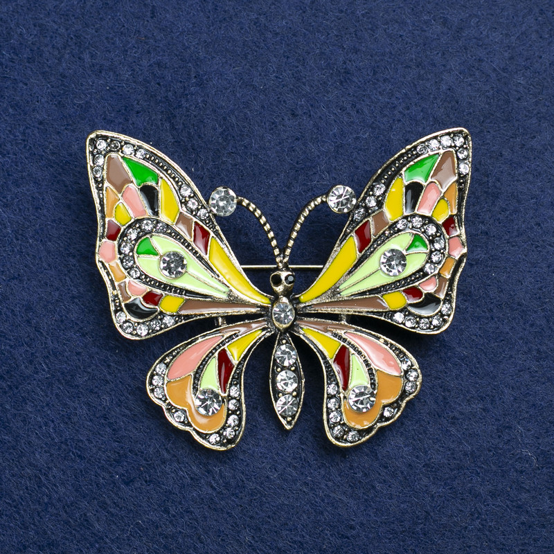Butterfly Brooch, golden metal, enamel and rhinestones, 54×45 mm +