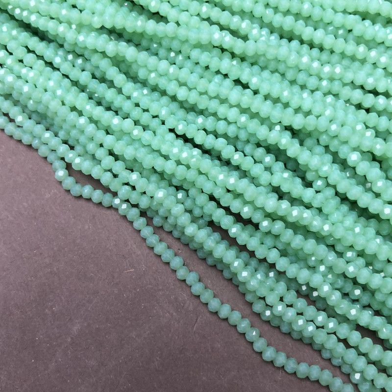 Mint Matte Czech Crystal Beads on Thread, Mint Matte Faceted Rondelle, Diameter 3x2.5 mm + -, Length 36-38 cm +