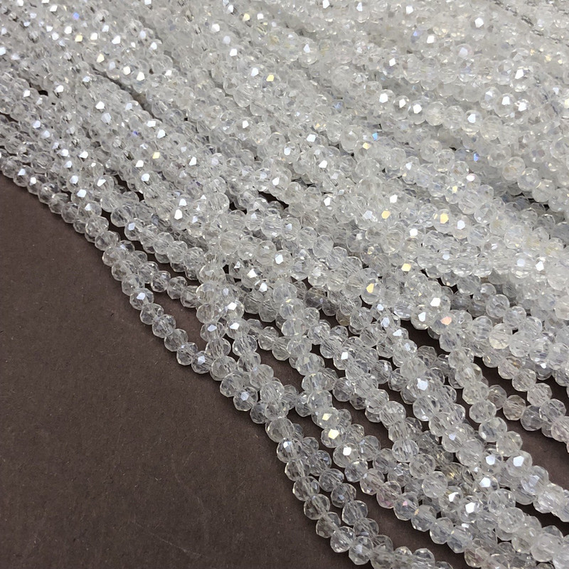 Czech Crystal Beads on Fishing Line, White Transparent with Gasoline Iridescence, Faceted Rondelle, 3.5x3 mm, length 36-38 cm