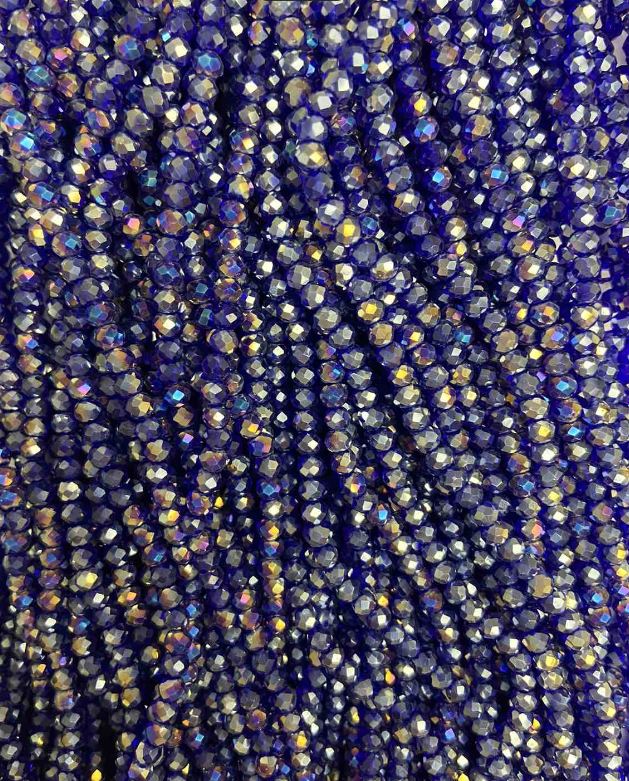 Намистини Чеський Кришталь на волосіні синє з напиленням бензин гранований рондель, діаметр 3, 5х3мм + -, довжина 33см +