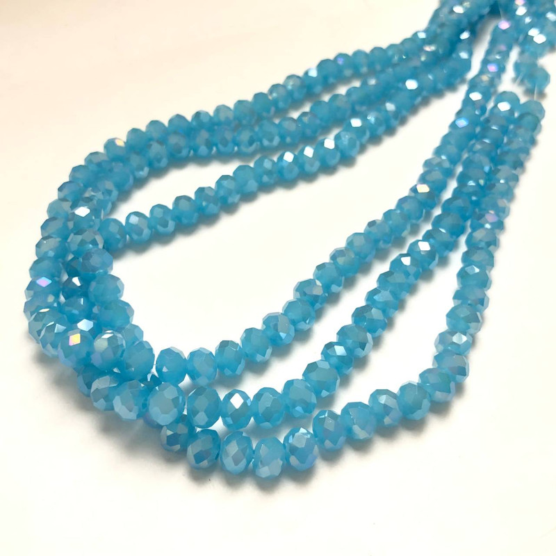 Blue Matte Czech Crystal Beads on Thread with Petrol Iridescence, Faceted Rondelle, 6 x 4.5 mm, Length 38-40 cm