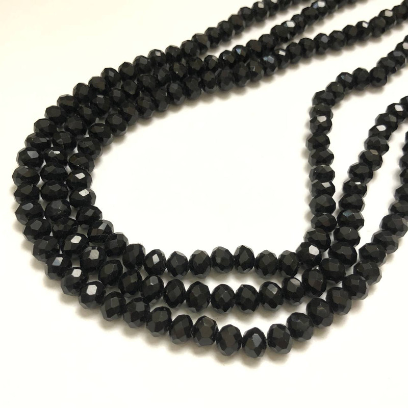 Black Matte Czech Crystal Beads on Thread, Faceted Rondelles, 6x4.5 mm, Length 38–40 cm