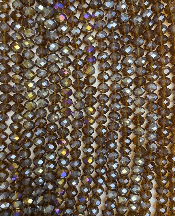 Beads Czech Crystal on Thread, Brown Transparent with Gasoline Finish, Faceted Rondelle, Diameter 8×6 mm, Length 38 cm