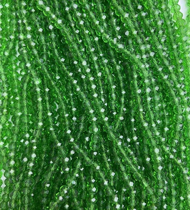 Czech Crystal Beads on Beading Thread, Green Transparent Faceted Rondel, 6x5 mm diameter, 38 cm length +