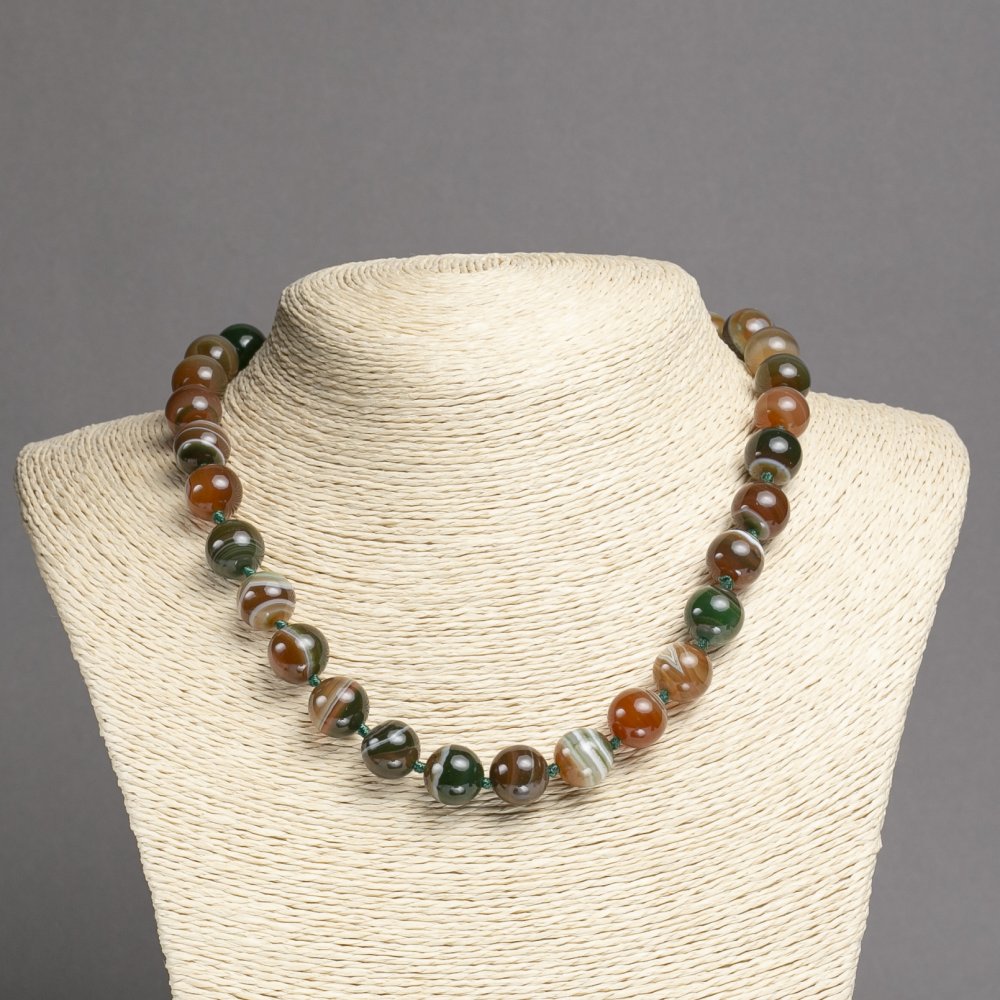 Natural Green Eye Agate Necklace with Smooth Beads, 12mm Diameter, 45cm Length