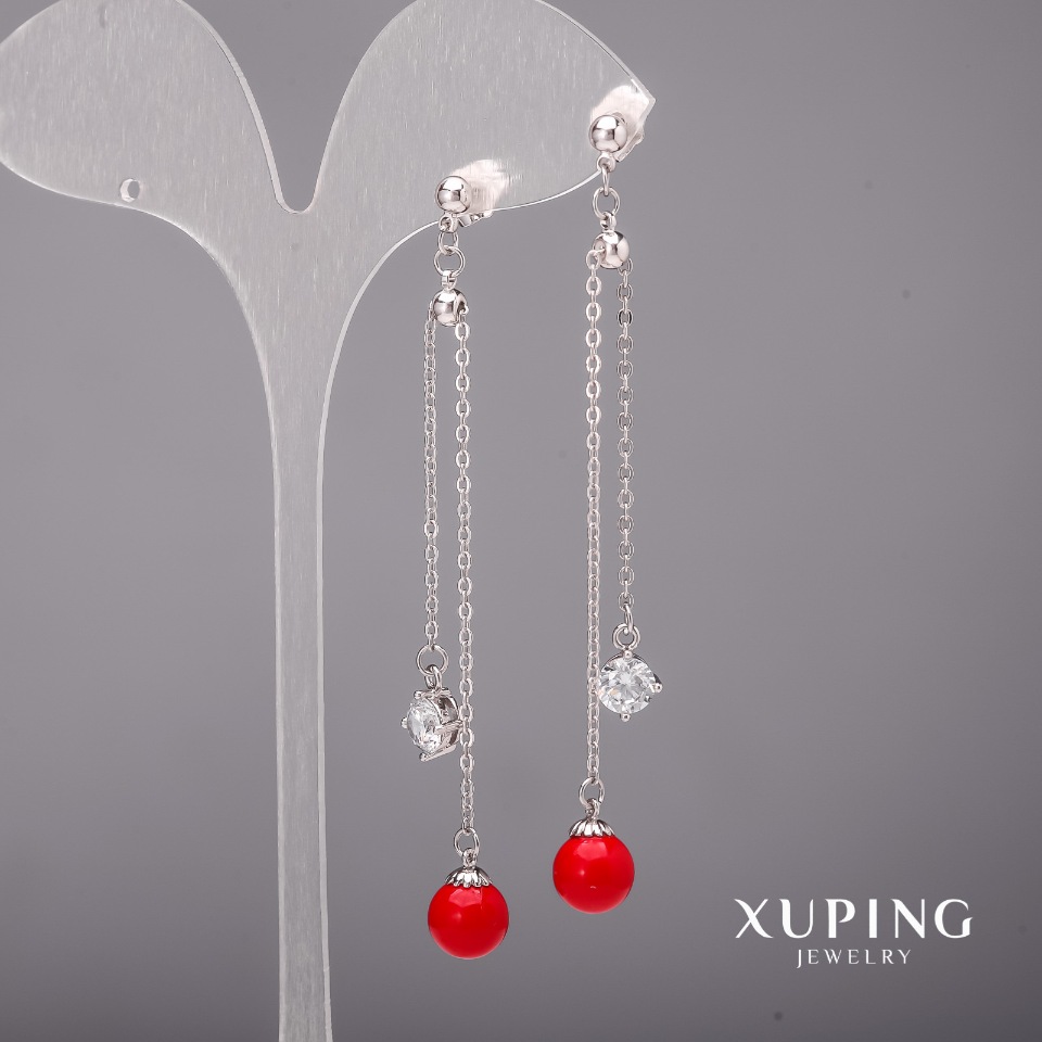Xuping Earrings with White Stones and Majorca Pearls, Rhodium-Plated, 8x80 mm