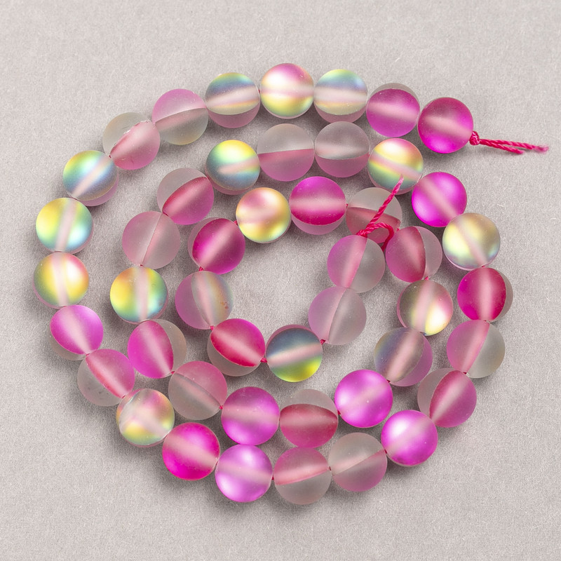Opal glass beads on thread, smooth ball, pink-gray matte, 8 mm diameter, 39 cm length