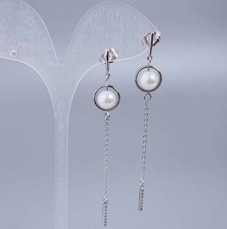 Xuping Stud Earrings with Mallorca Bead, 8 mm Diameter, 7.5 cm Length, Rhodium-plated