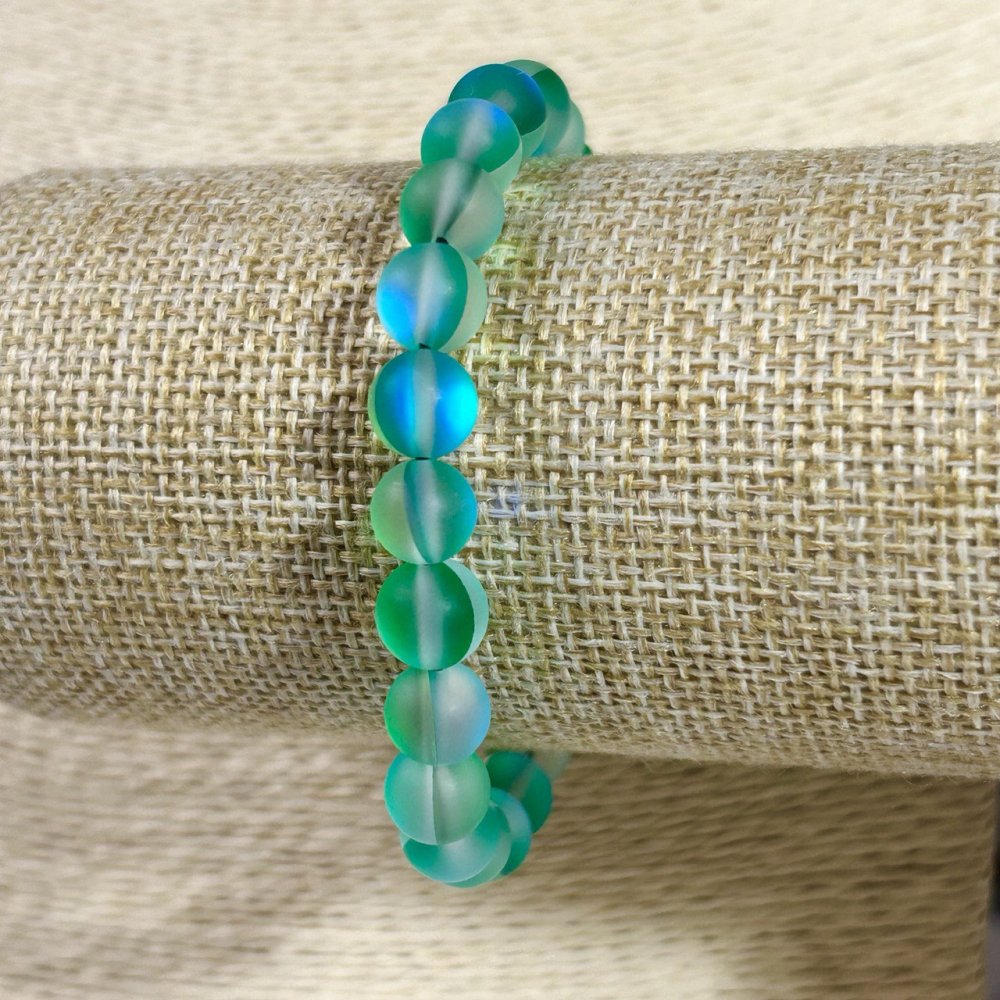 Elastic bracelet with opal glass, smooth beads, blue-green matte, 8 mm diameter, 18 cm length ±