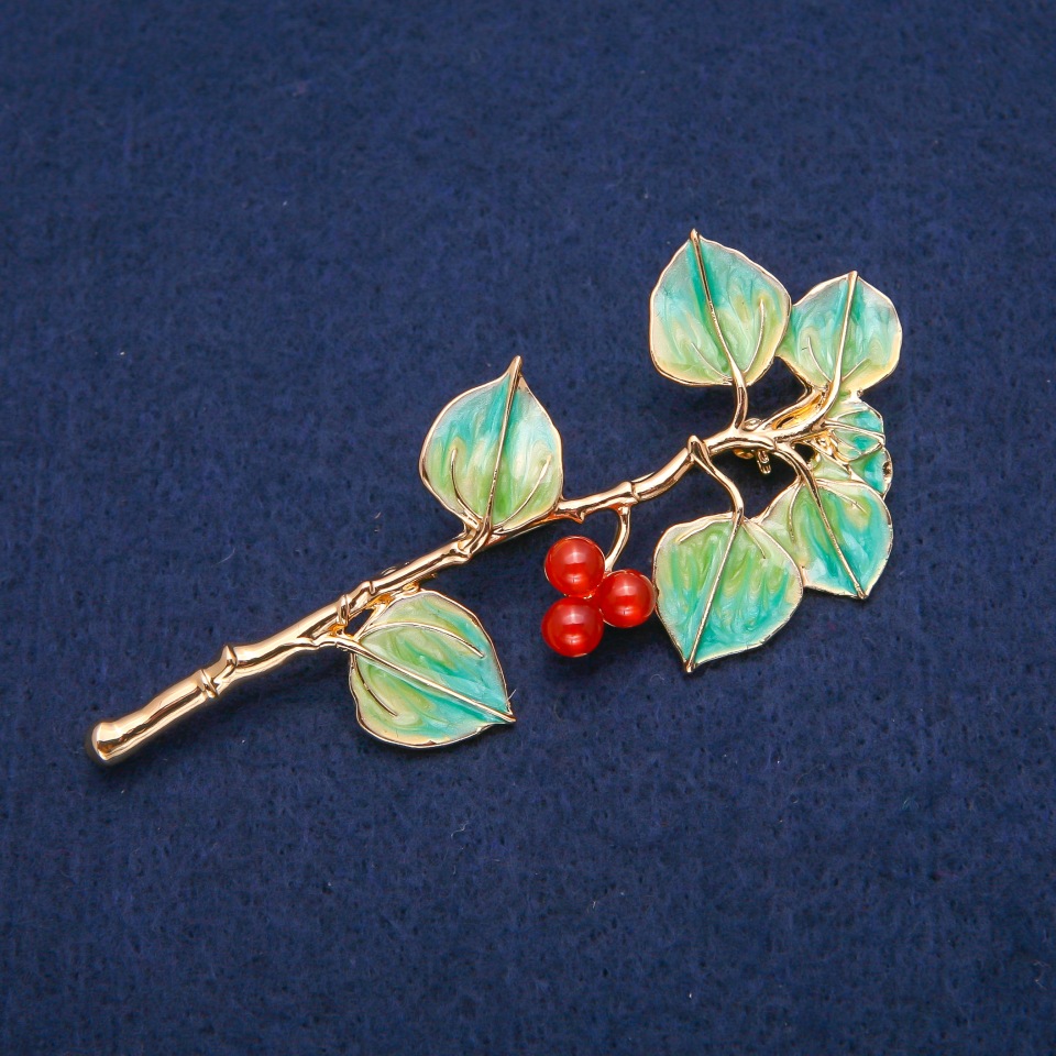 Brooch 'Berry Clusters on a Branch' Carnelian and Green Enamel, Golden Metal 38x83mm