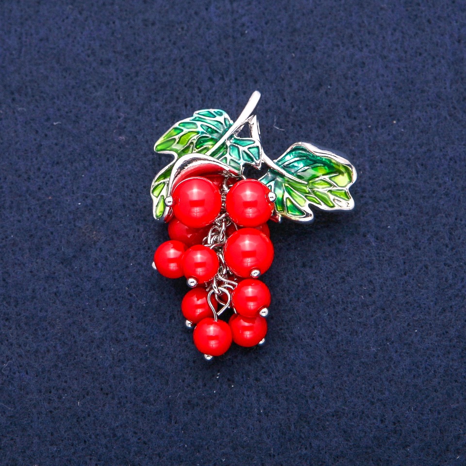Brooch-pendant 'Grapes' with Coral Beads (Artificial) and Green Enamel, Silver-Tone Metal 35x45mm