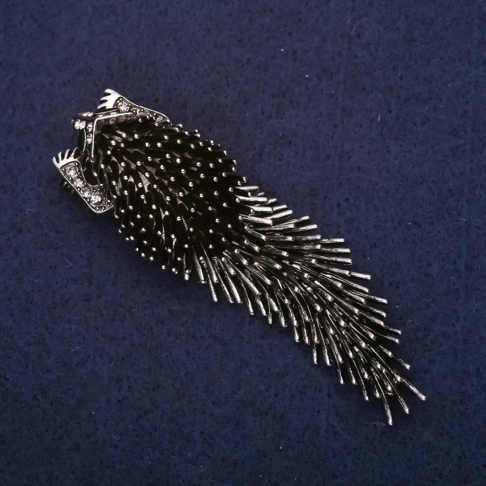 Brooch Hedgehog Porcupine 75x23 mm, dark silver metal