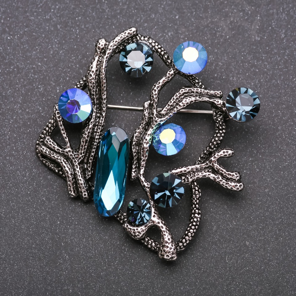 Large Brooch Accent with Blue Chameleon Crystals Metal 55x55mm