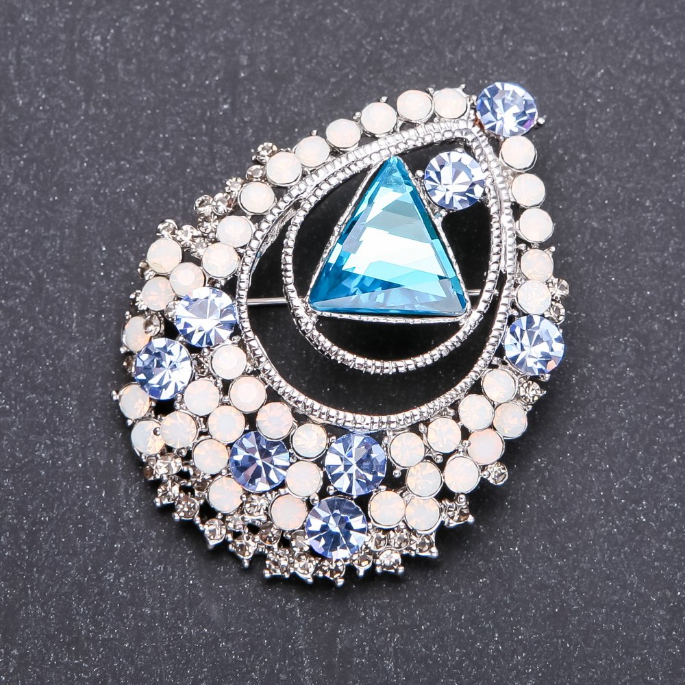 Blue crystal brooch 44x56 mm white metal