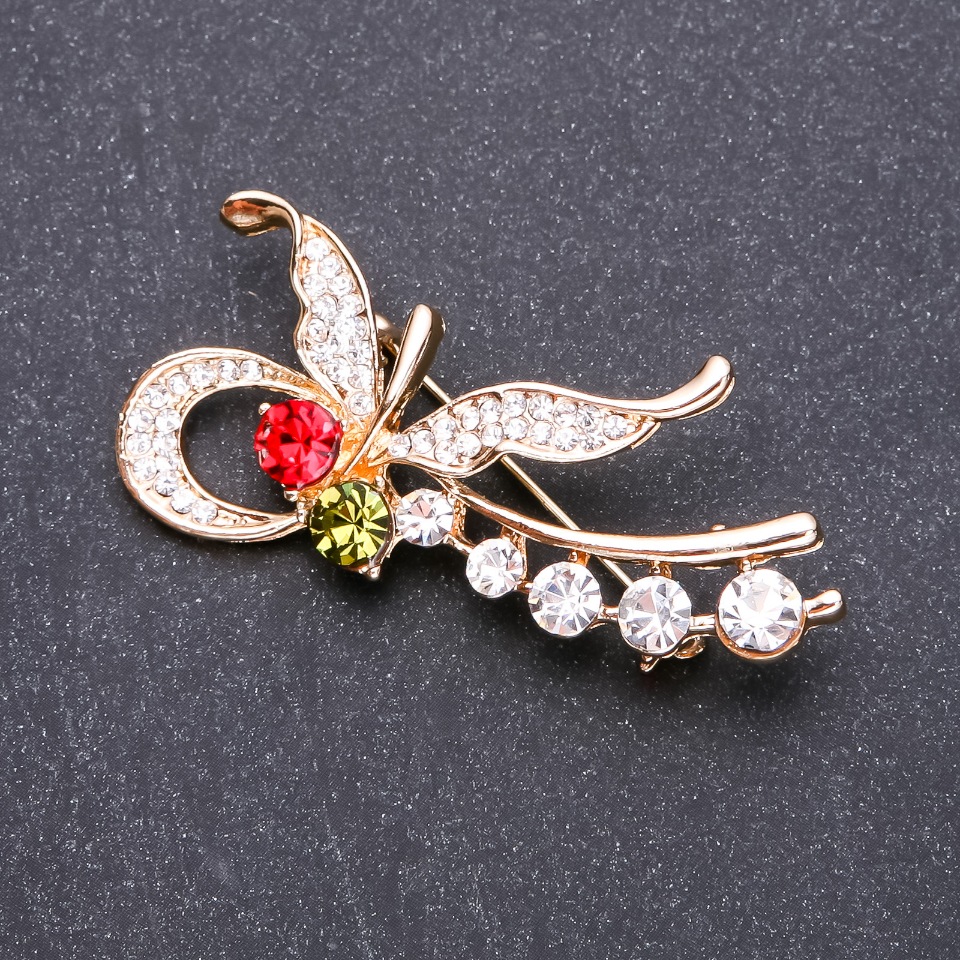 Butterfly Brooch with Multicolored Rhinestones, 55x25 mm, Yellow Metal