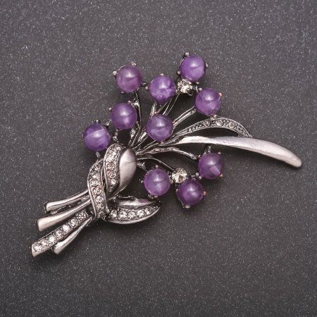 Brooch with natural amethyst gemstone 'Bouquet' gray metal 70x37mm