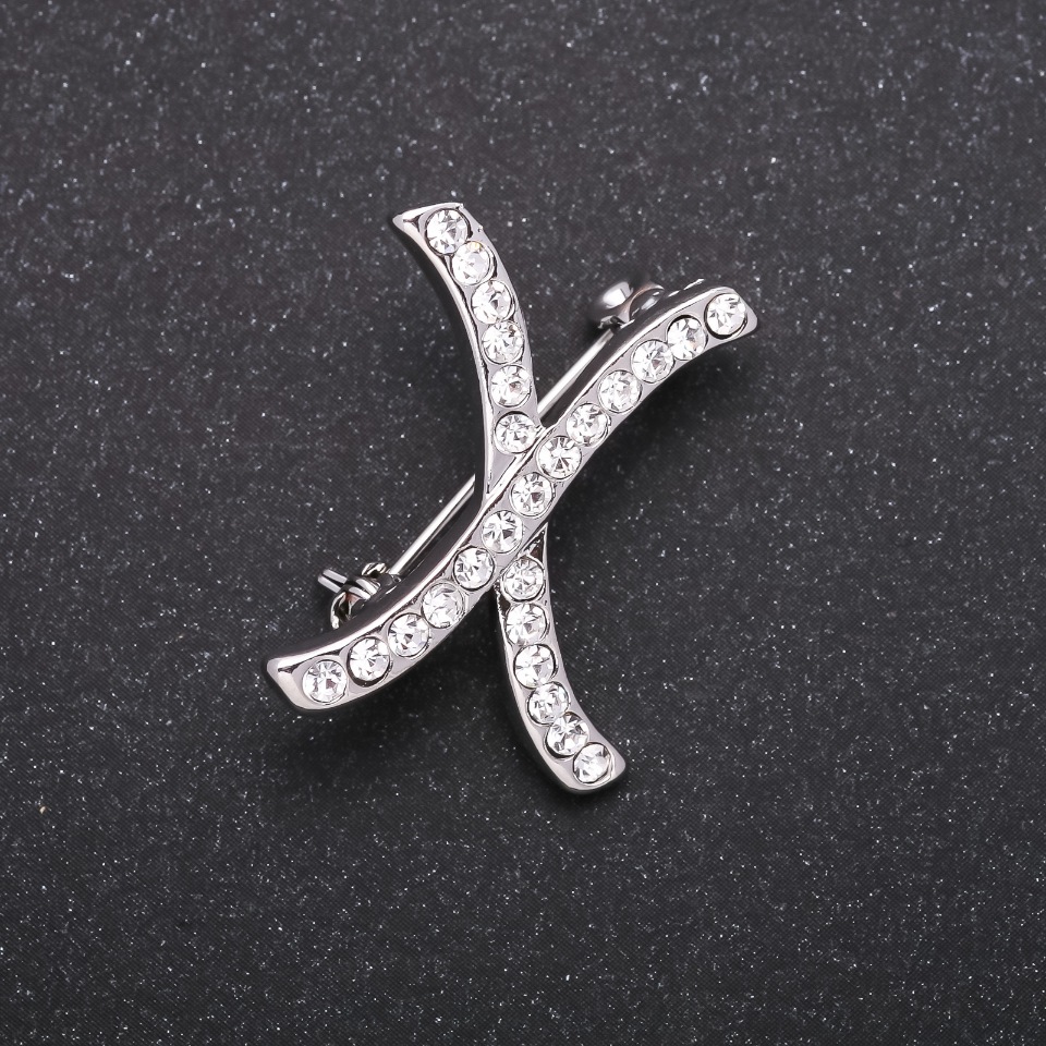 Initial X Brooch with White Crystals, Gray Metal Finish, 27x21 mm