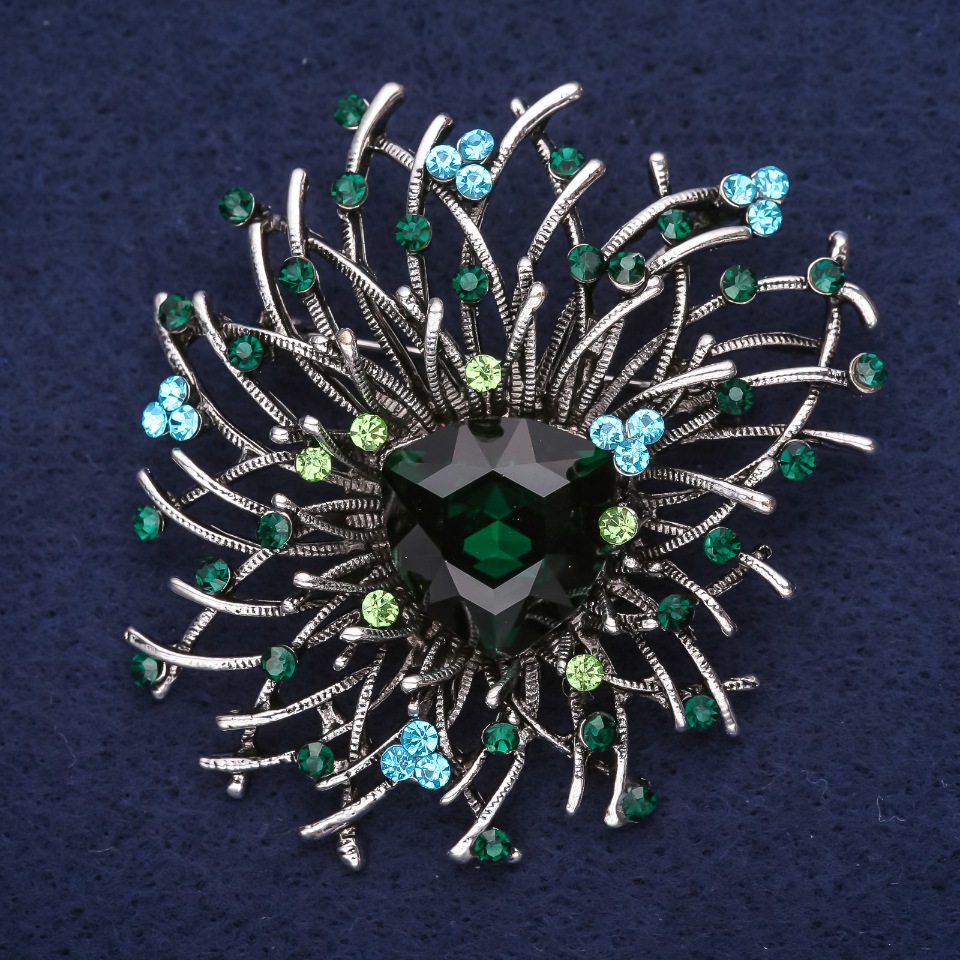 Large Accent Brooch with Crystals and Stone, Blue and Sea-Green Color, 44x42 mm, Silver Metal