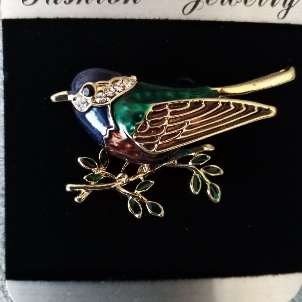 Bird on a Branch Brooch with Enamel and Crystals, Gold-Tone Metal 29x44mm