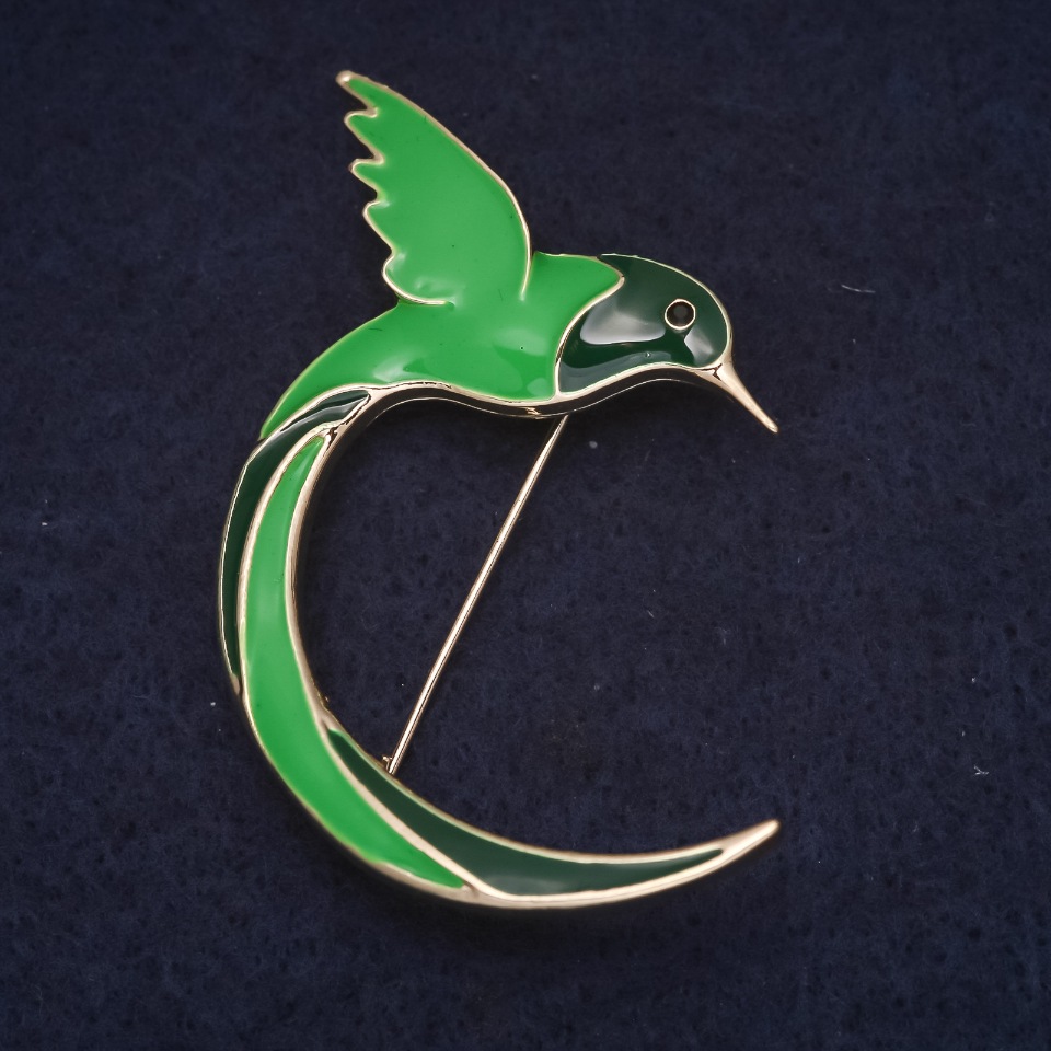 Green Enamel Bird Brooch, Gold-Tone Metal 35×55 mm