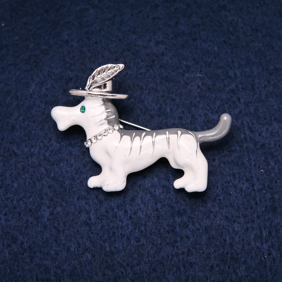 Brooch Dachshund in a Hat, Silver-Tone Metal, Enamel, and Crystals, 33x47 mm +