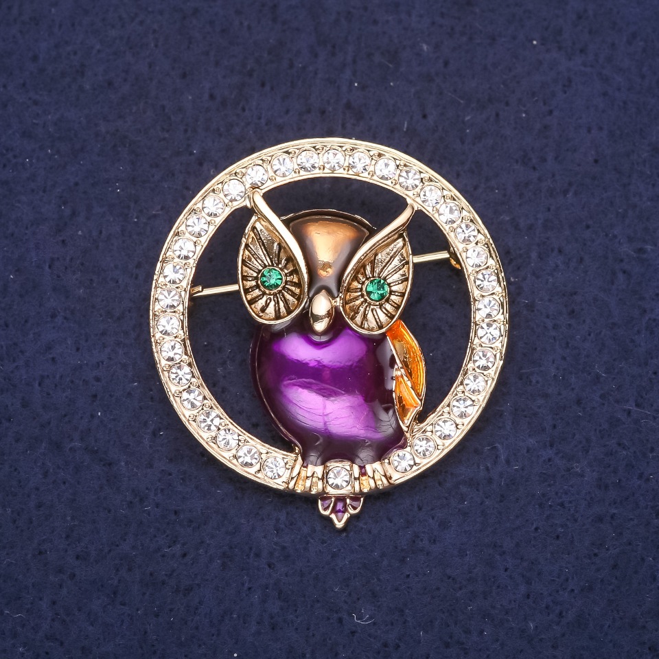 Brooch Owl in a Circle with enamel and crystals, color white yellow purple green, 36×40 mm, gold-tone metal