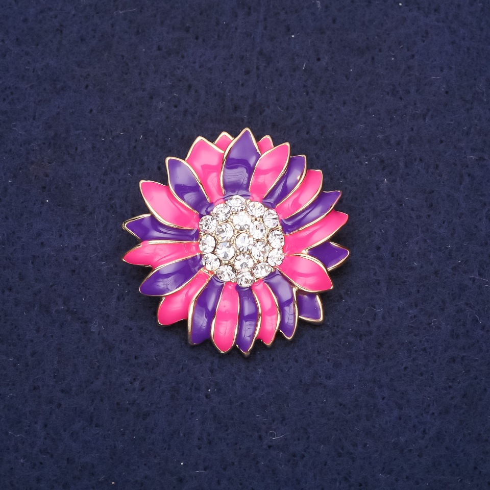 Brooch Flower with rhinestones enamel raspberry and violet color 29 mm gold-tone metal