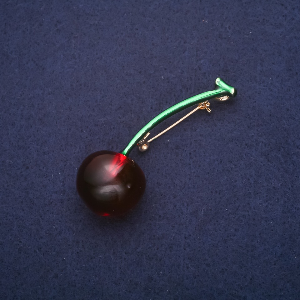 Brooch 'Cherry' enamel glass color green and red 61x21 mm gold-tone metal