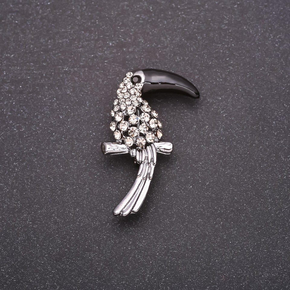Toucan Bird Brooch with White Crystals, Black Beak, 38×23 mm, Gray Metal