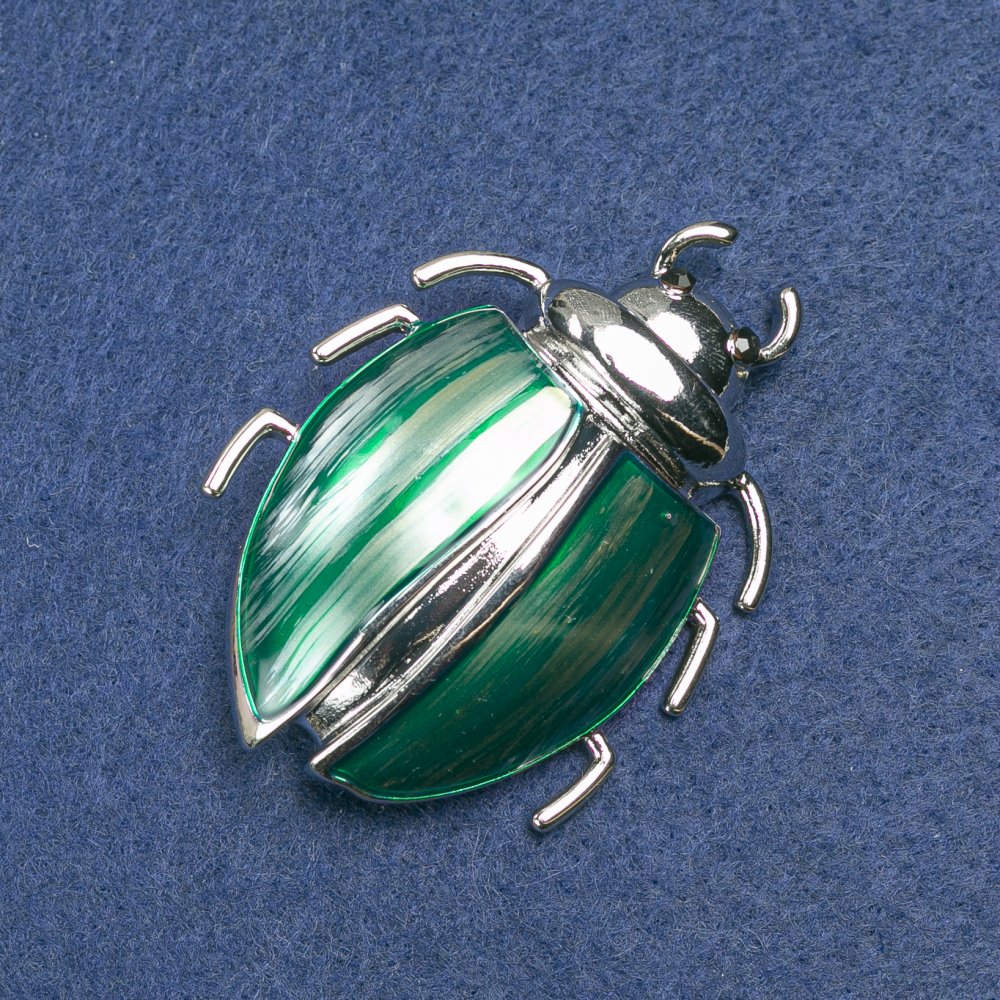 Brooch 'Bug' silver-tone metal with green enamel and black crystals 58x24mm +