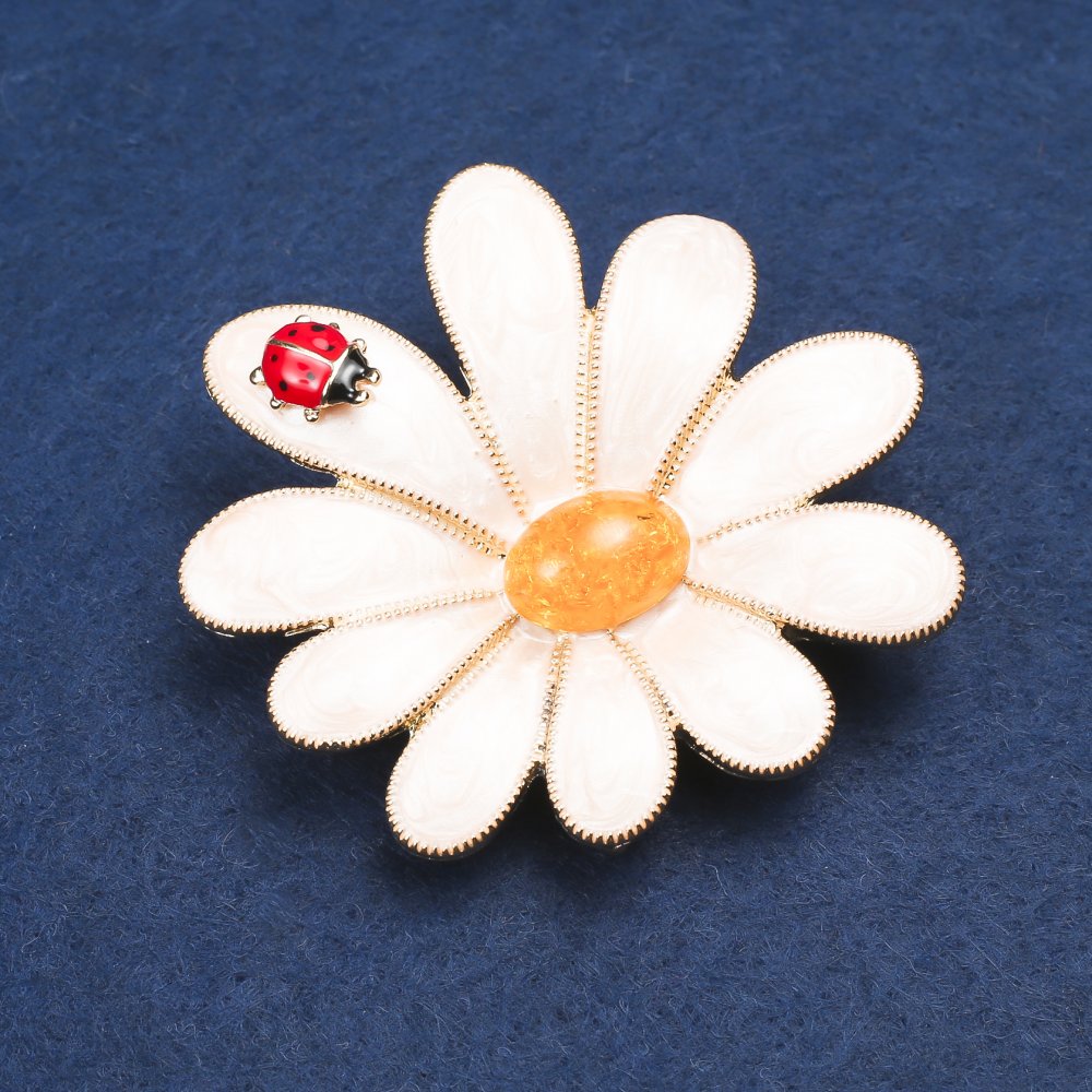 Brooch Daisy Amber (Artificial) Golden Metal and Enamel 50x54mm +