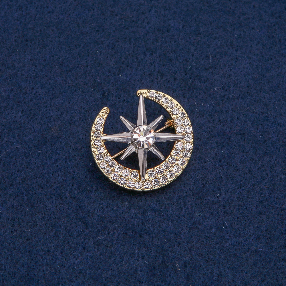 Gold-tone Moon with Silver Star Brooch, white crystals and stone 28x26mm +