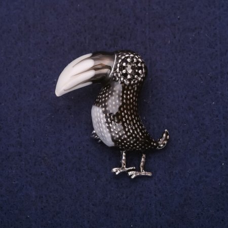 Brooch Toucan Bird with Crystals, White and Black Enamel, 38x36 mm, Silvery Metal