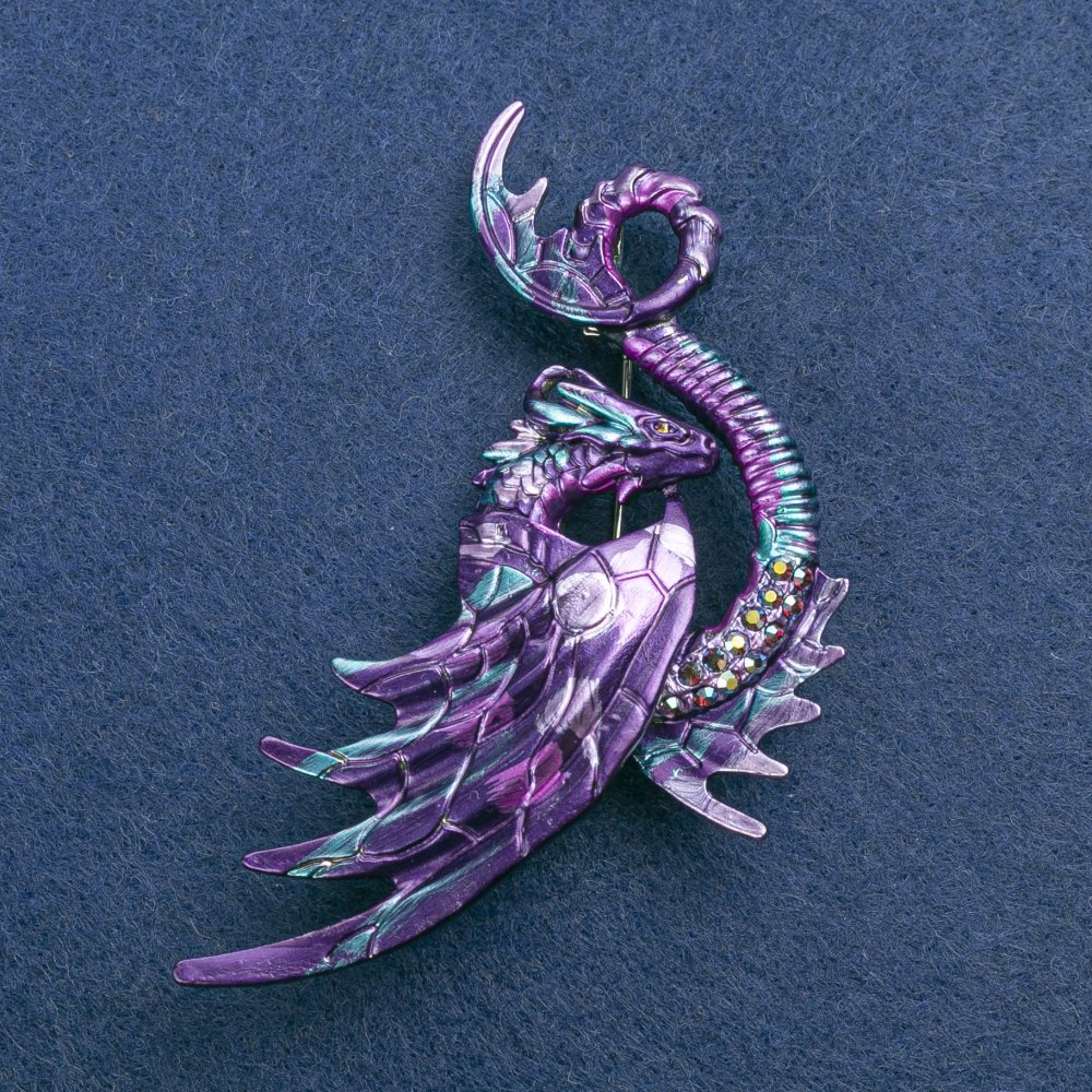 Dragon Brooch, silver-colored metal with enamel and gasoline rhinestones, 88×50 mm +