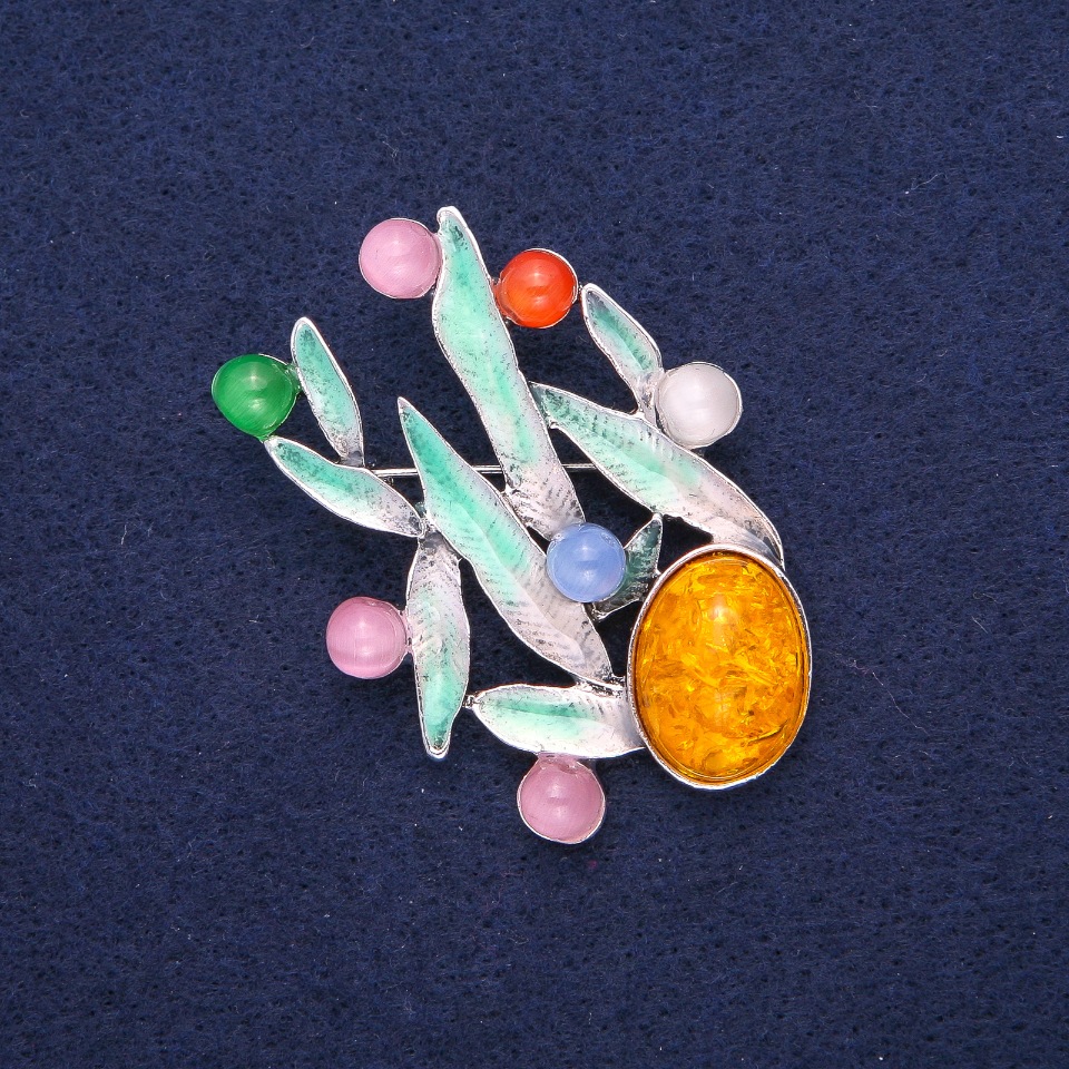 Brooch Leaves Amber and Cat's Eye (synthetic) with Green Enamel, Silver-Toned Metal 38×53 mm