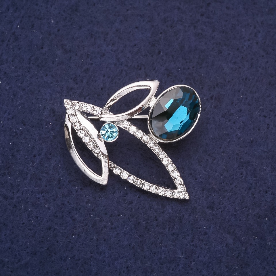 Accent Brooch with Rhinestones in Blue, Light Blue & White, 38 x 32 mm, Silver-Toned Metal