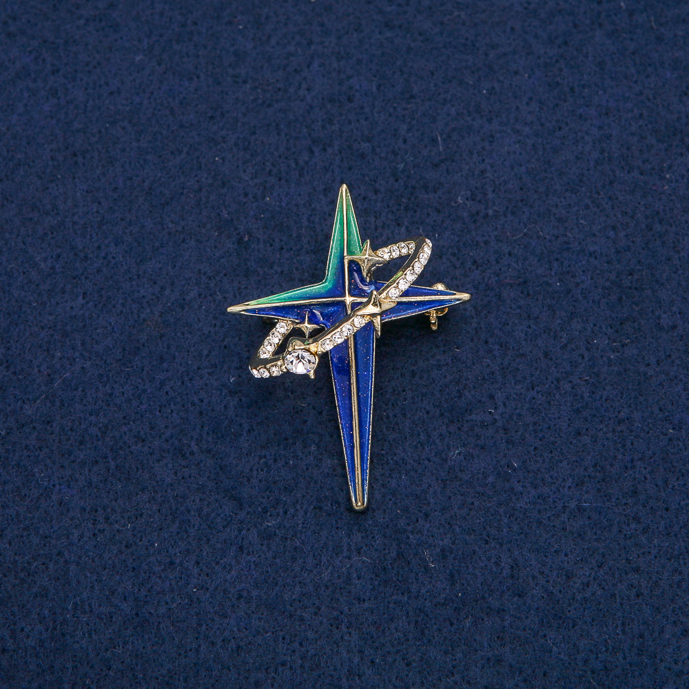 Brooch-pendant Star in an Oval Ring, gold-tone metal with white crystals and blue turquoise enamel 45x33 mm +
