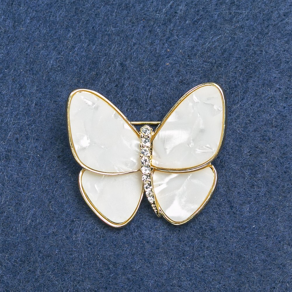 Butterfly Brooch with gold-tone metal, white mother-of-pearl and white crystals 31x40mm +