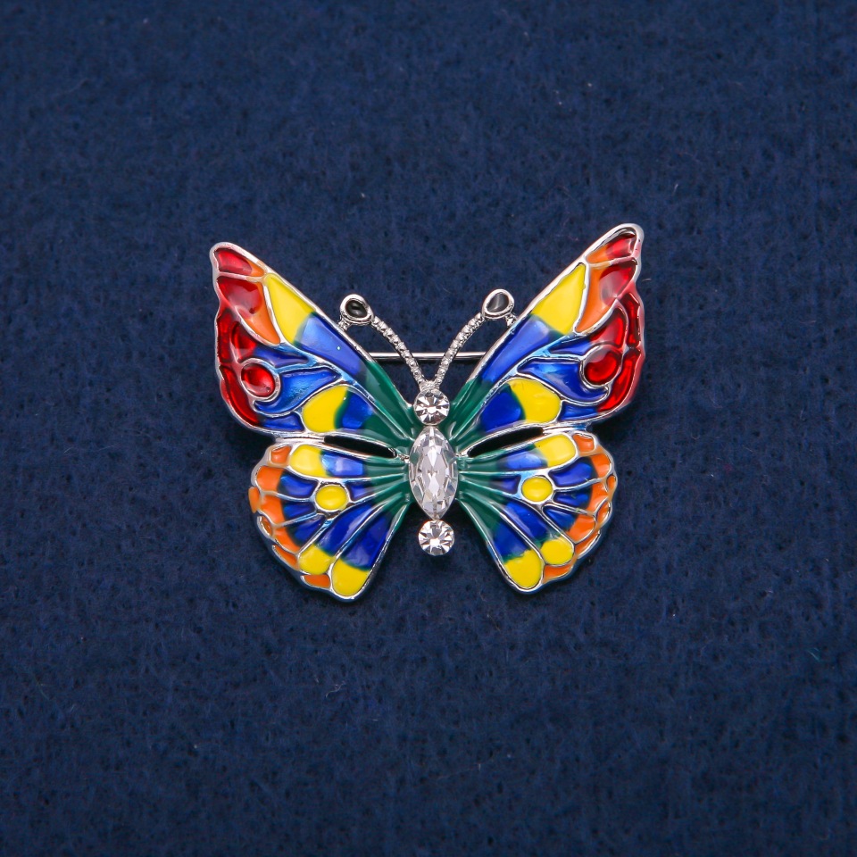Butterfly Brooch with White Crystals and Multicolored Enamel, Gold-Tone Metal 31×37 mm