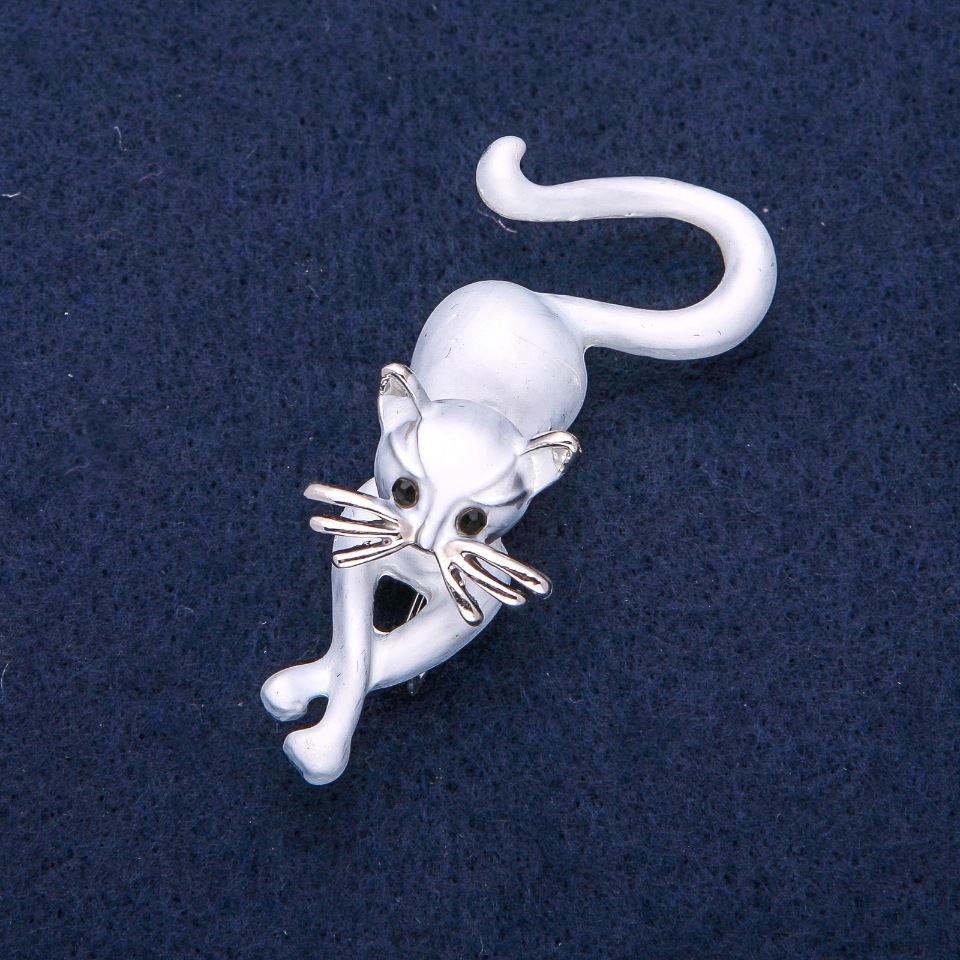 Cat Brooch Gray Enamel, Silver Metal