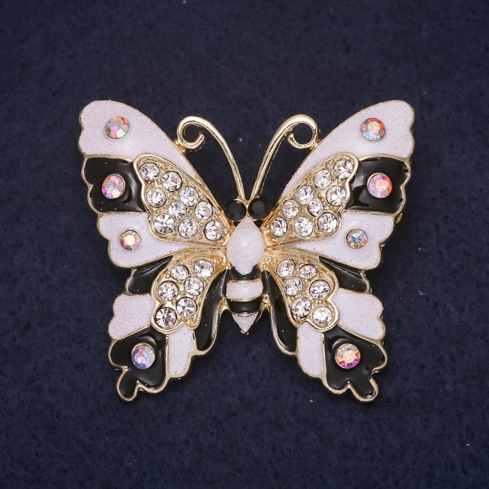 Brooch Butterfly 43×38 mm, crystals, enamel, color white, black, chameleon, gold-tone metal