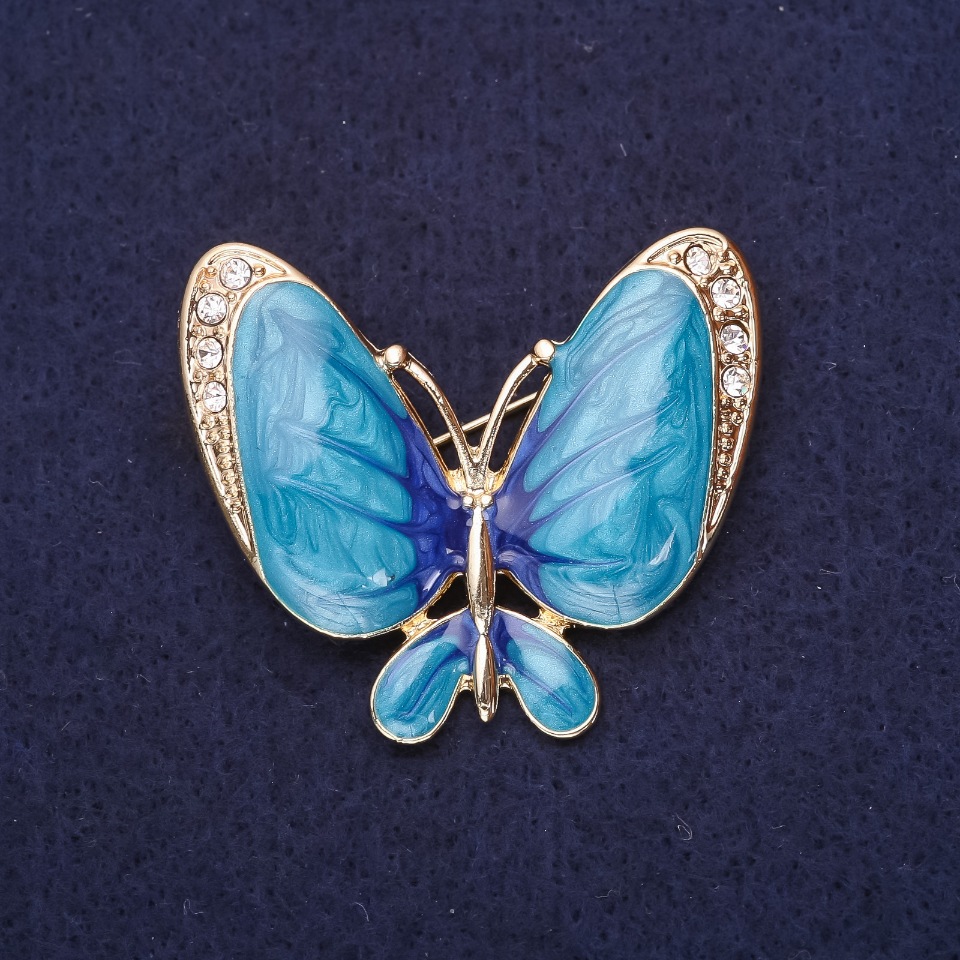 Butterfly Brooch with White Crystals and Blue Enamel, 36×42 mm, Yellow Metal