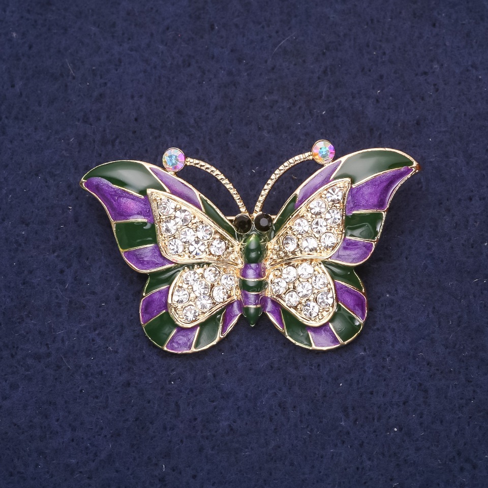 Butterfly Brooch with Purple Enamel and White Crystals, 45×28 mm, Yellow Metal