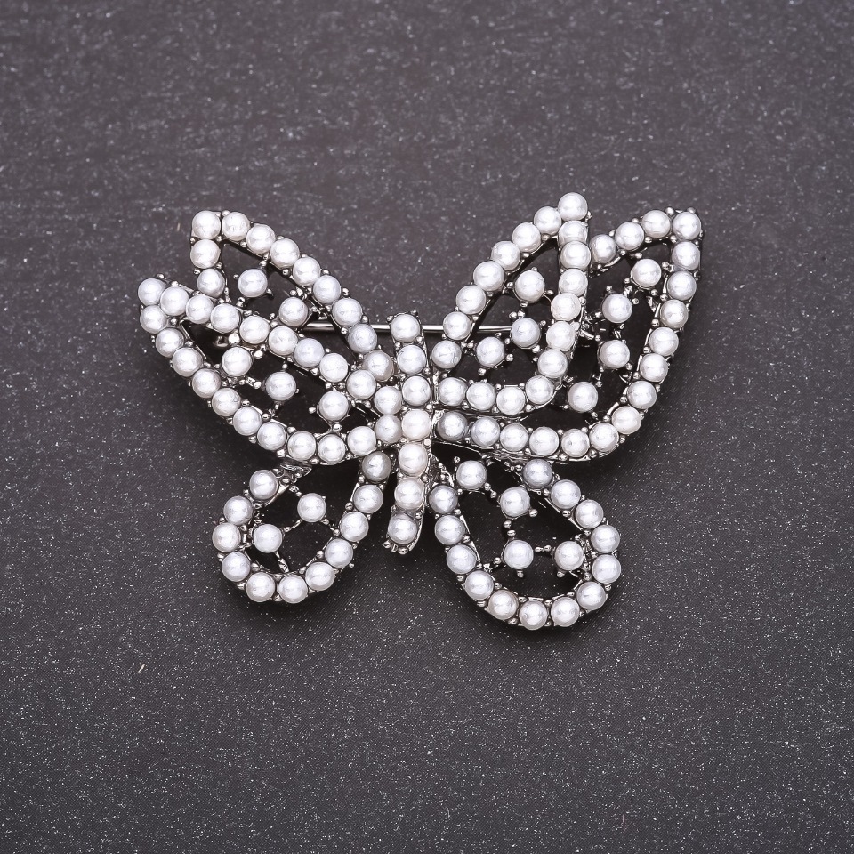 Butterfly Brooch with White Beads 49x39mm Gray Metal
