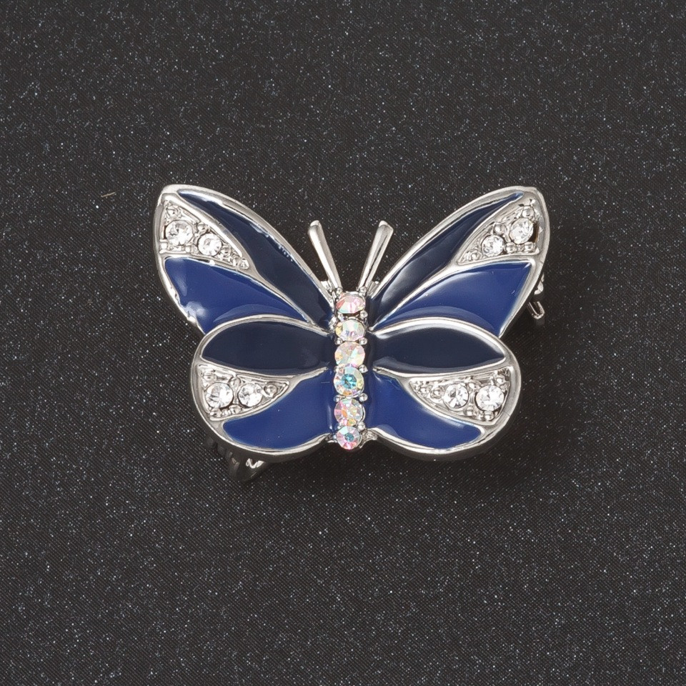 Brooch Butterfly blue enamel white crystals metal color 'silver' 2.7 cm